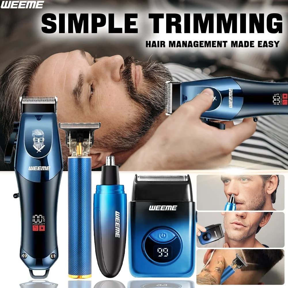 WEEME 4-in-1 Electric Hair Clipper Set for Men - Rechargeable Cordless Hair Trimmer Shaver Kit with Nose Ear Grooming Tools - 3
