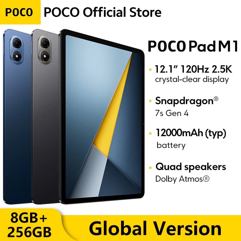 【عرض عالمي】 جهاز لوحي POCO PAD M1 نسخة عالمية سناب دراجون 7s الجيل 4 12.1 بوصة شاشة 120 هرتز 2.5K بطارية 12000 مللي أمبير شحن سريع 33 واط