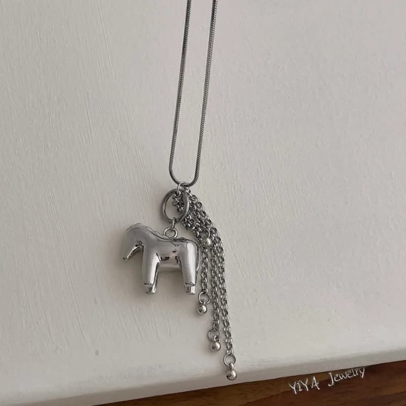 Minar INS Fashion Smooth Surface Horse Chain Tassel Pendant Necklaces for Women Silver Plated Snake Chain Long Sweater Chain - 3
