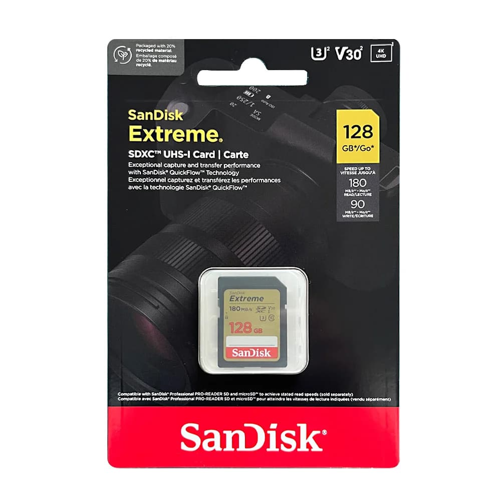 بطاقة ذاكرة SanDisk Extreme SD 4K UHD 32 جيجابايت SDHC 64 جيجابايت 128 جيجابايت 256 جيجابايت SDXC C10 U3 V30 حتى 180 ميجابايت/ثانية لكاميرا 1080p 3D Full HD - 3