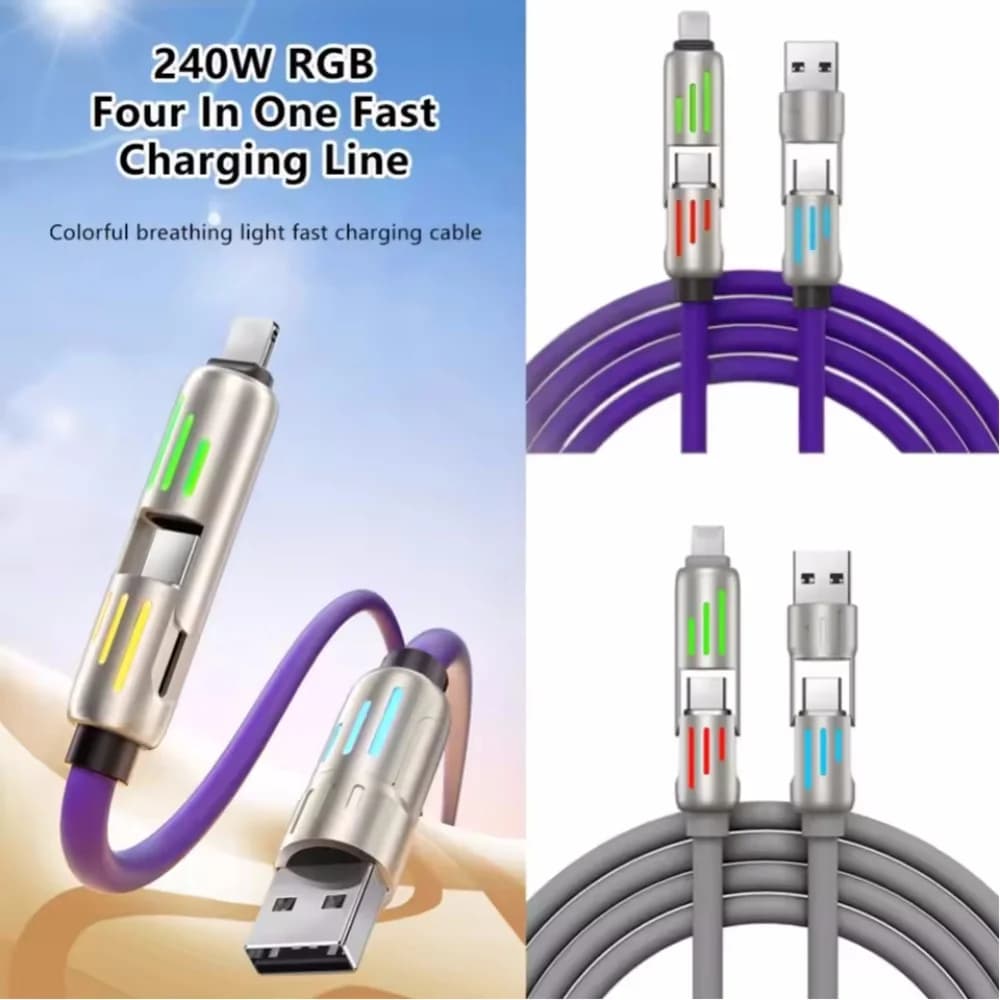 كابل شحن USB 4 في 1 شحن سريع بحد أقصى 240 وات لايتنينج متعدد الوظائف من سبائك الألومنيوم 240 وات مناسب لهاتف iPhone15 16 Samsung