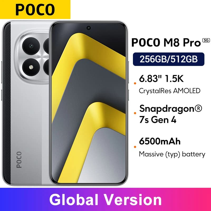 هاتف POCO M8 Pro الإصدار العالمي، معالج Snapdragon® 7s Gen 4، شاشة 6.83 بوصة CrystalRes AMOLED، كاميرا رئيسية 50 ميجابكسل