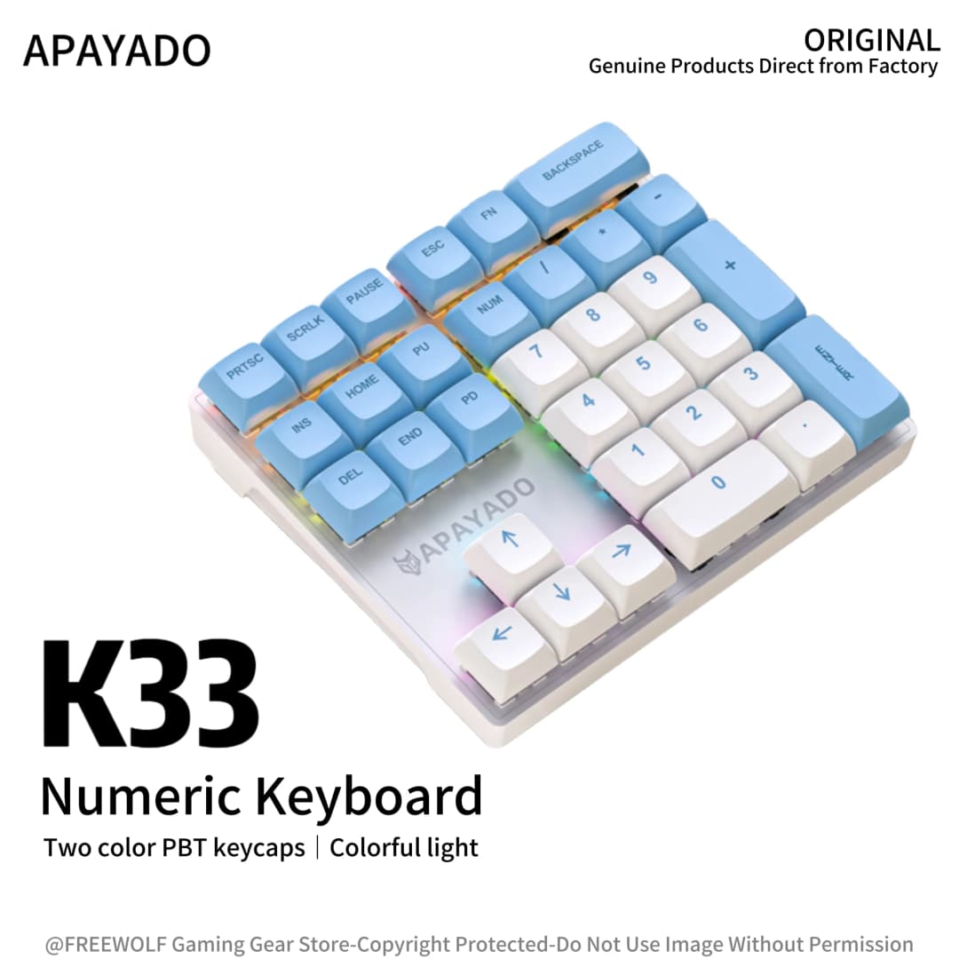 لوحة مفاتيح ميكانيكية رقمية صغيرة K33 APAYADO، 33 مفتاح، اتصال سلكي، إضاءة خلفية RGB، واجهة Type-C مع كابل مفاتيح منفصل