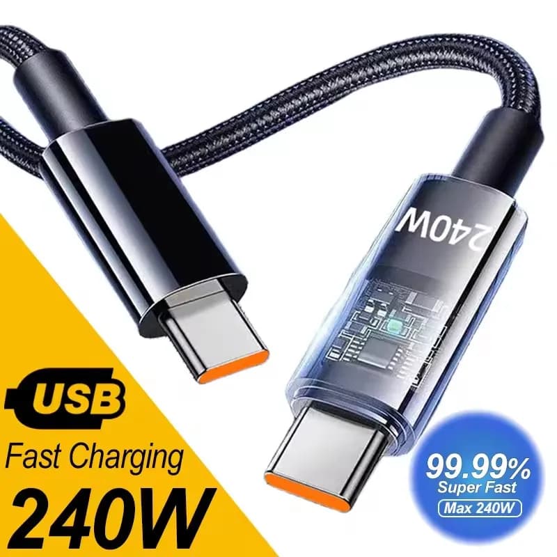 كابل شحن مزدوج Type-C إلى Type-C بقوة 240 واط، شحن سريع، كابل بيانات من النايلون المنسوج لأجهزة سامسونج وهواوي ومي