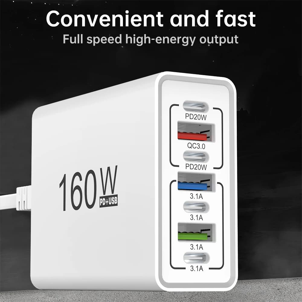شاحن USB 160W 7 منافذ محطة شحن سريع متعددة الأجهزة PD QC3.0 كابل مدمج لهواتف آيفون سامسونج شاومي آيباد قابس EU US - 3