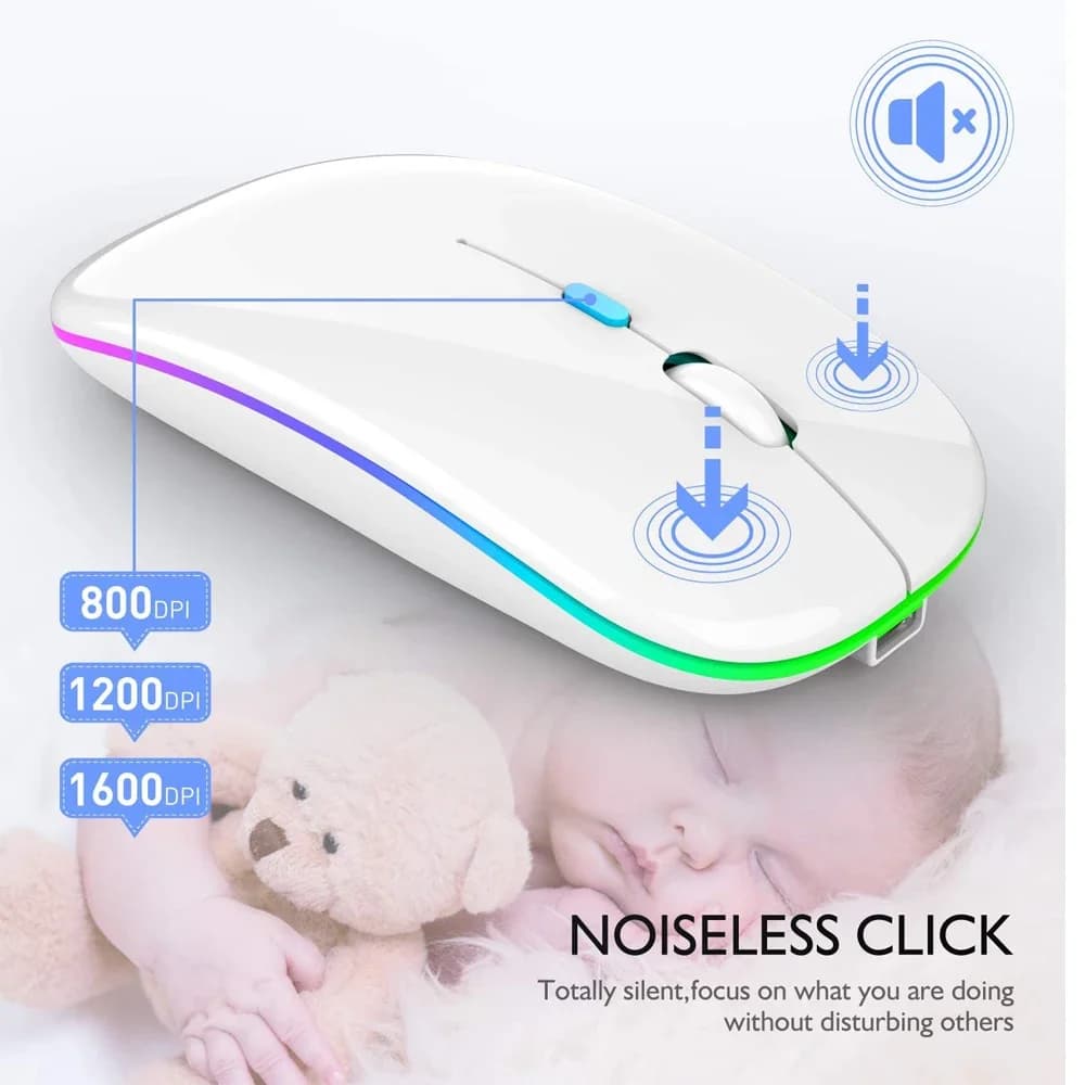 ماوس لاسلكي متوافق مع البلوتوث، ماوس كمبيوتر صامت بإضاءة LED خلفية، ماوس ألعاب مريح قابل لإعادة الشحن مع إضاءة RGB - 4
