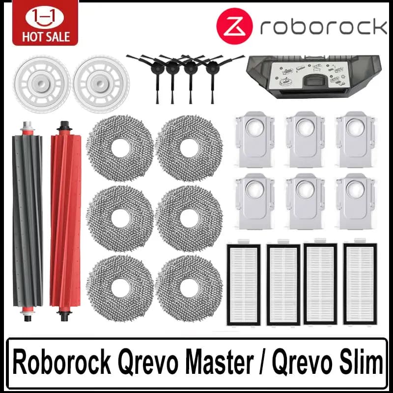 إكسسوارات Roborock Qrevo Master / Qrevo Slim لجهاز تنظيف الروبوت وفرشاة جانبية رئيسية وفلتر Hepa ومناديل تنظيف وكيس غبار وقطع غيار