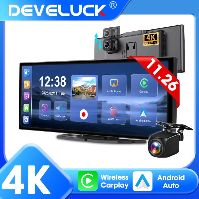 Develuck جديد 11.26 بوصة 4K DVR كاربلاي لاسلكي وأندرويد أوتو كاميرا لوحة قيادة محمولة مسجل فيديو شاشة سيارة ملاحة 5G WIFI