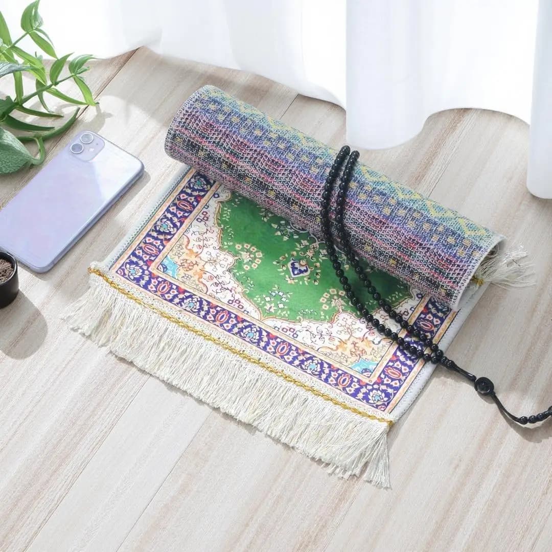 2pcs Set Small Portable Prayer Rug  With Muslim Prayer Beads  30cm x 40cm Ice Silk Pad Buckle Mat Muslim Islam Embroidery Carpet - 4