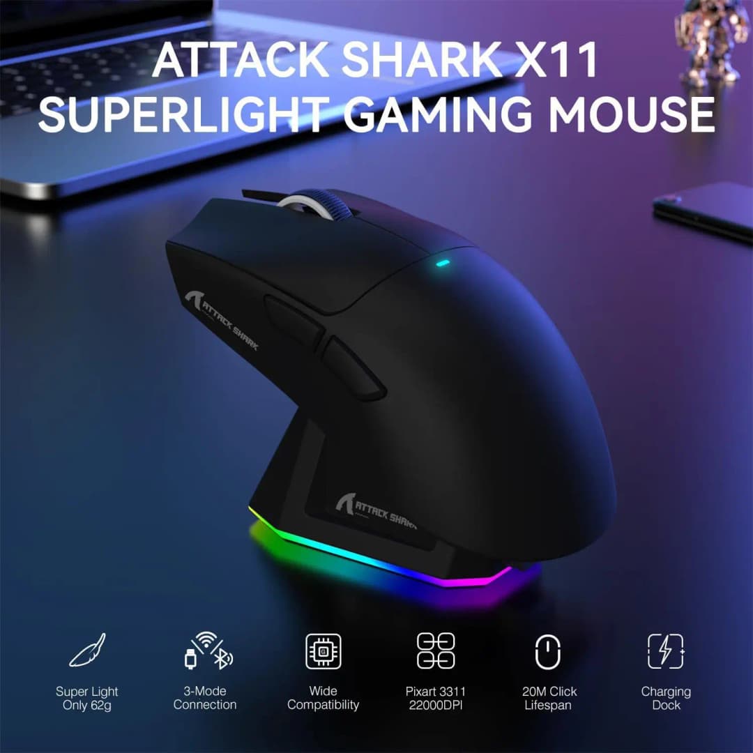 أتراك شاركس X11 ماوس لاسلكي (بلوتوث/2.4 جيجاهرتز)، مستشعر PAW3311، سرعة 400IPS، إضاءة RGB، ماوس ألعاب للكمبيوتر
