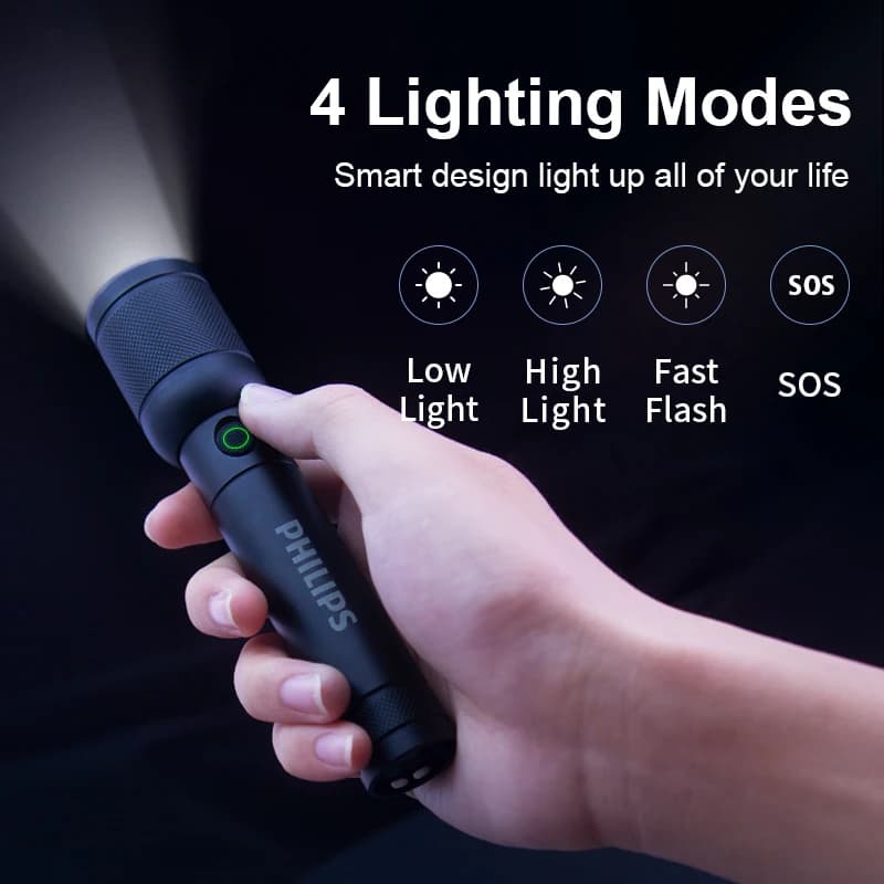 Philips كشاف SFL6168 بتكبير بصري محمول قابل لإعادة الشحن LED مع 4 أوضاع إضاءة لمصباح التخييم للدفاع عن النفس - 2