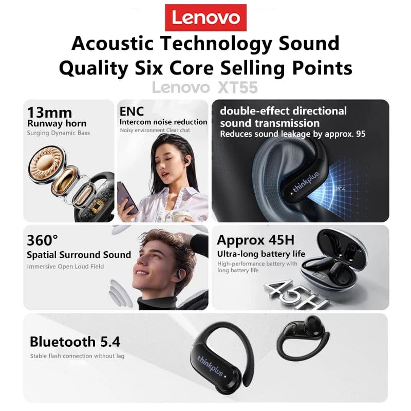 سماعات أذن لينوفو XT55 لاسلكية بلوتوث 5.4، خطاف أذن رياضي، ستيريو HiFI، مقاومة للماء، مع ميكروفون، إلغاء الضوضاء - 6