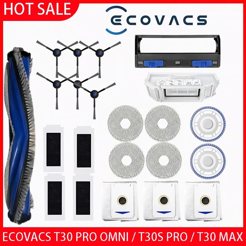 قطع غيار مكنسة روبوتية ECOVACS T30 PRO OMNI / T30S PRO / YEEDI M12 Pro+ كيس غبار فرشاة جانبية رئيسية فلتر ممسحة اكسسوارات