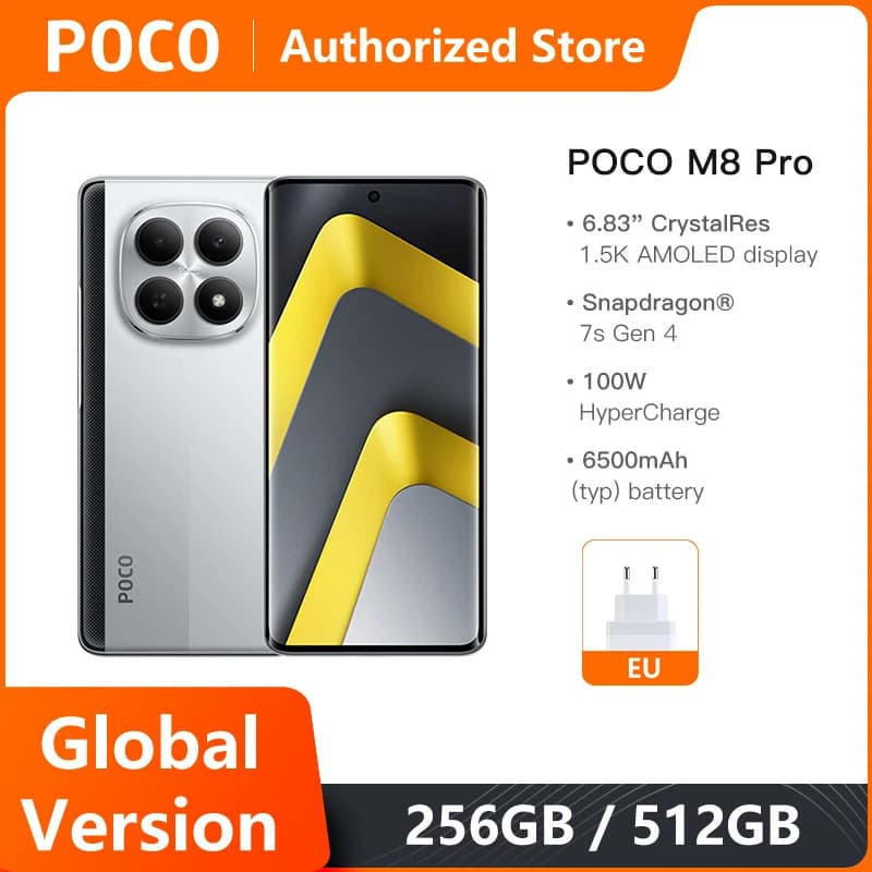 هواتف محمولة POCO M8 Pro 5G نسخة عالمية بمعالج Snapdragon 7s Gen 4 بشاشة 6.83 بوصة بدقة 1.5K ومعدل تحديث 120 هرتز وبطارية 6500 مللي أمبير وسعة شحن 100 واط وNFC