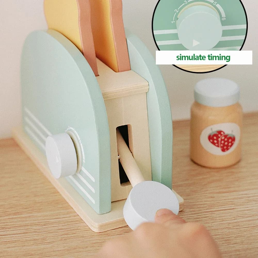 Wooden Toaster Toy Kids Bread Machine Kit Pretend Play Kitchen Toys Set Breakfast Educational Toys Gifts for Girls Boys - 5