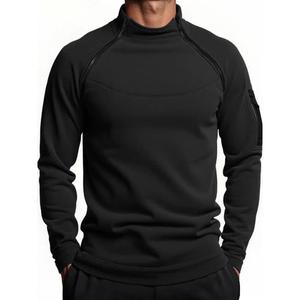 Autumn Winter Men's Polar Fleece Sweatshirt Outdoor Warm Tactical Double Zipper Stand Collar Top Casual Solid Color Sweatshirt - 2