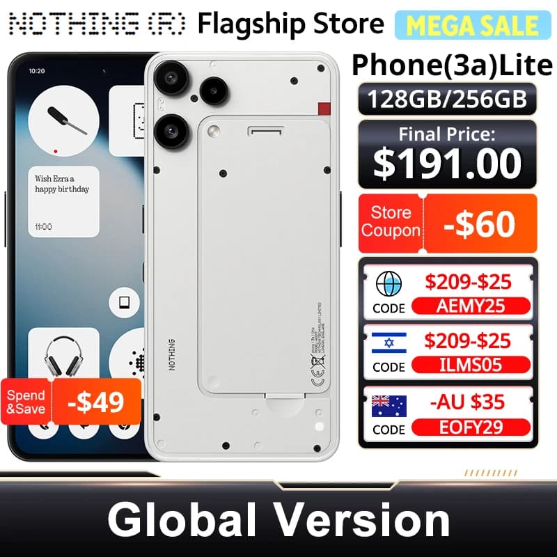 ناثينج فون (3a) لايت 5G نسخة عالمية NFC شاشة مرنة AMOLED 6.77 بوصة 120Hz معالج MTK Dimensity 7300 Pro 5G كاميرا 50MP+16MP بطارية 5000mAh/33W