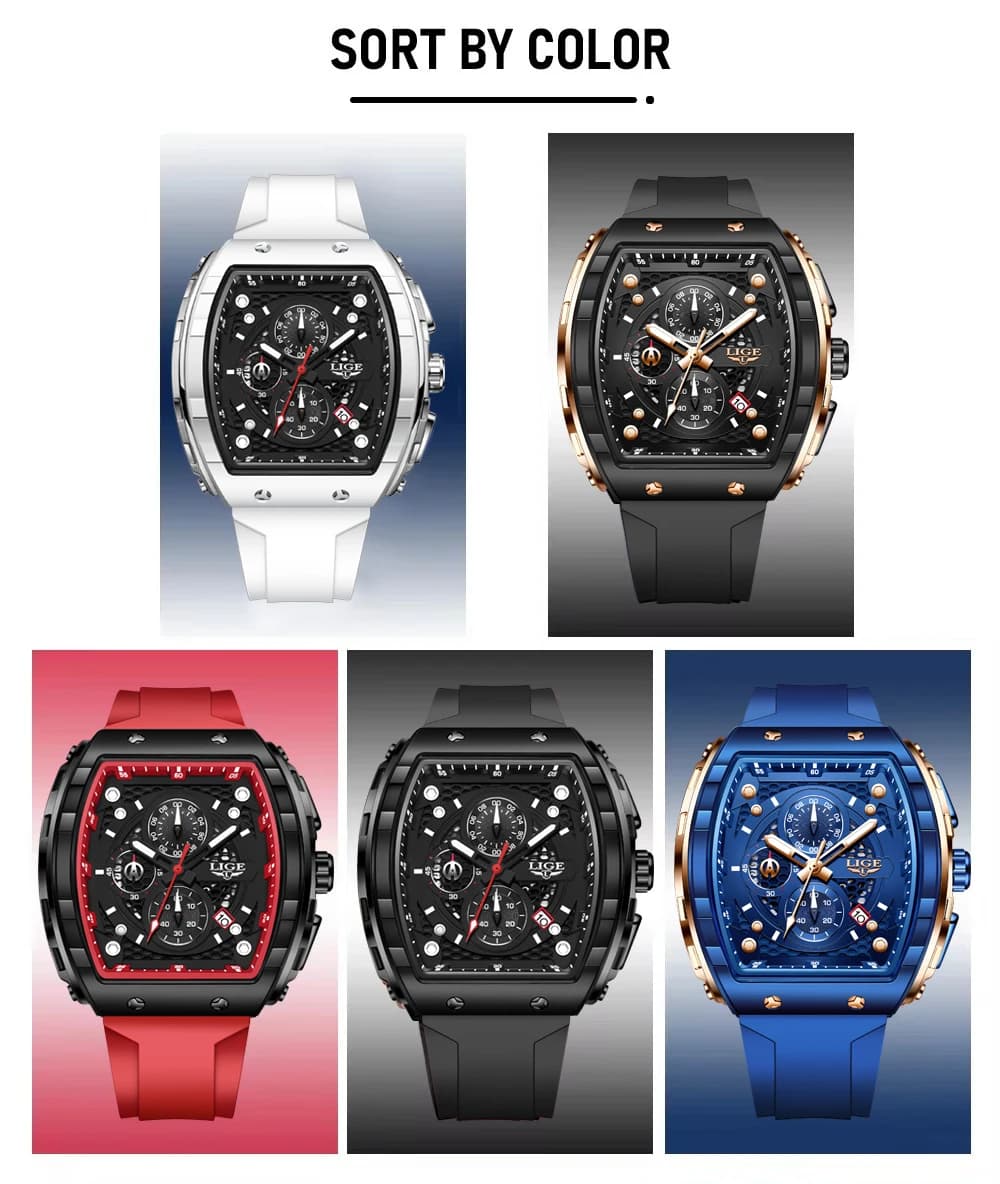 LIGE Waterproof Watches For Men Original Brand Luxury Silicone Square Men's Quartz Wristwatch Fashion Military Chronograph Male - 6