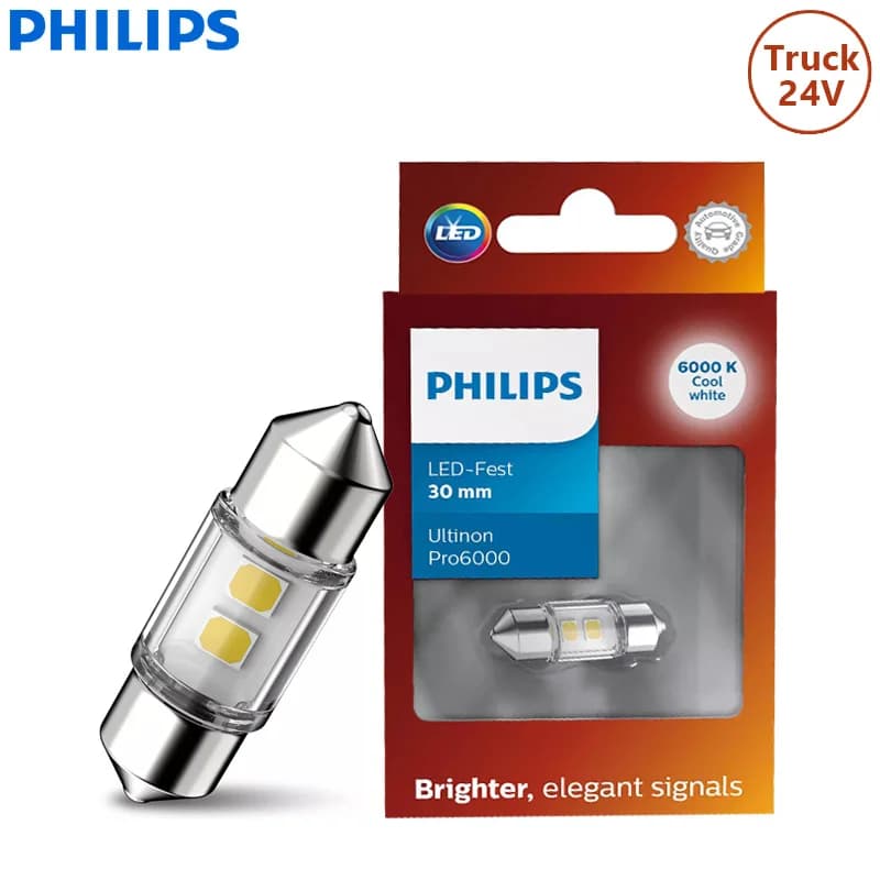 مصباح لوحة ترخيص داخلي للشاحنات من فيليبس 24V LED C5W بطول 30 مم من نوع فيستون ألتنيون برو6000 بدرجة حرارة لون 6000K أبيض، موديل 24844CU60X1 - 4