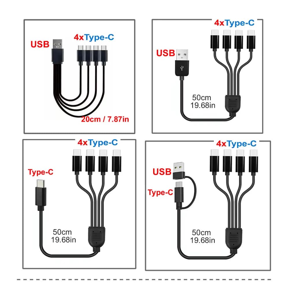 الحبل القصير 5 فولت USB A C إلى نوع C كابل شحن متعدد 4 في 1 مايكرو USB الفاصل كابل محول 4 منفذ USB C PD كابل الفاصل - 5