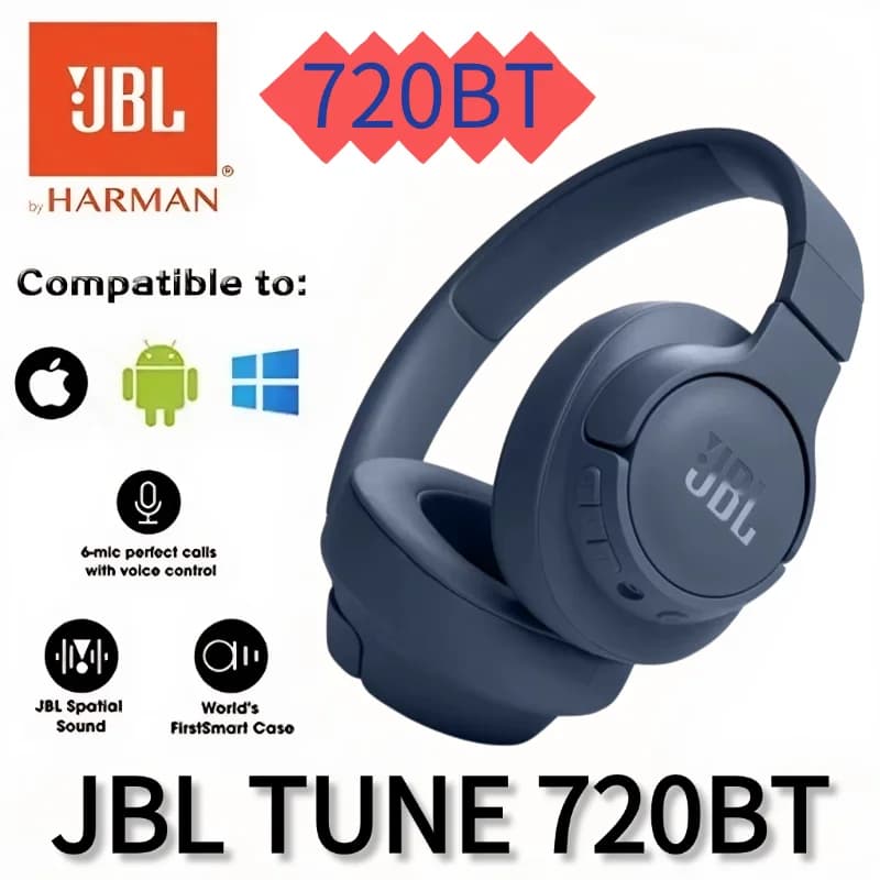 سماعات رأس لاسلكية JBL Tune 720BT على الأذن، بلوتوث 5.0، إلغاء الضوضاء، سماعات أذن للألعاب والرياضة، سماعة رأس مع ميكروفون T720BT