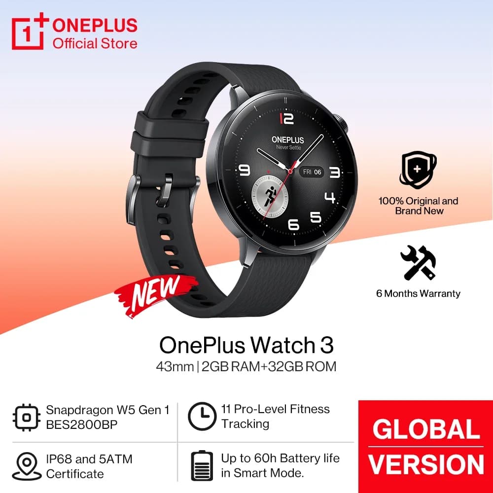 إصدار عالمي ساعة ذكية OnePlus Watch 3 مقاس 43 ملم بشاشة AMOLED 1.32 بوصة وبطارية تدوم حتى 60 ساعة بنظام Wear OS من Google وNFC