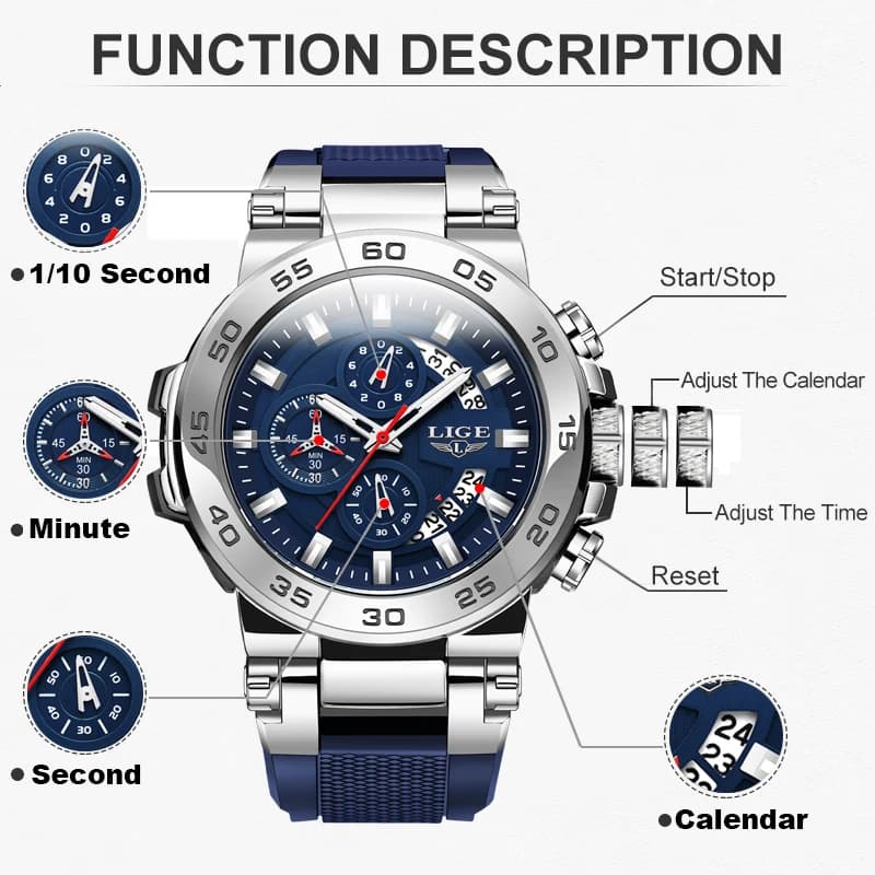 LIGE Men's Digital Wristwatch Casual Business Waterproof Luminous Watches For Men Military Quartz Chronograph Big Dig Watch Men - 3