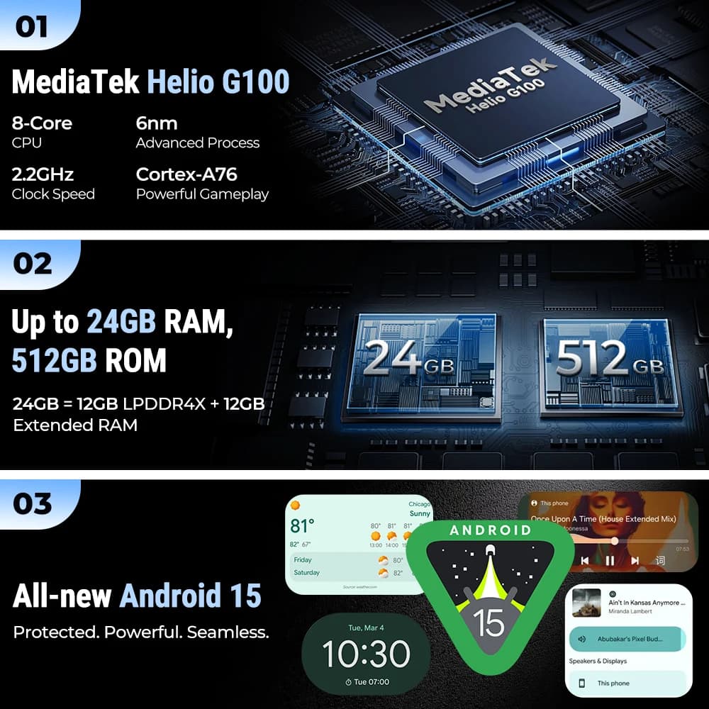 Ulefone Armor 33 4G Rugged Phone 25500 mAh 512GB ROM Up to 24GB RAM 120Hz 6.95" NFC Android 15 66W Smartphone Global Version - 6