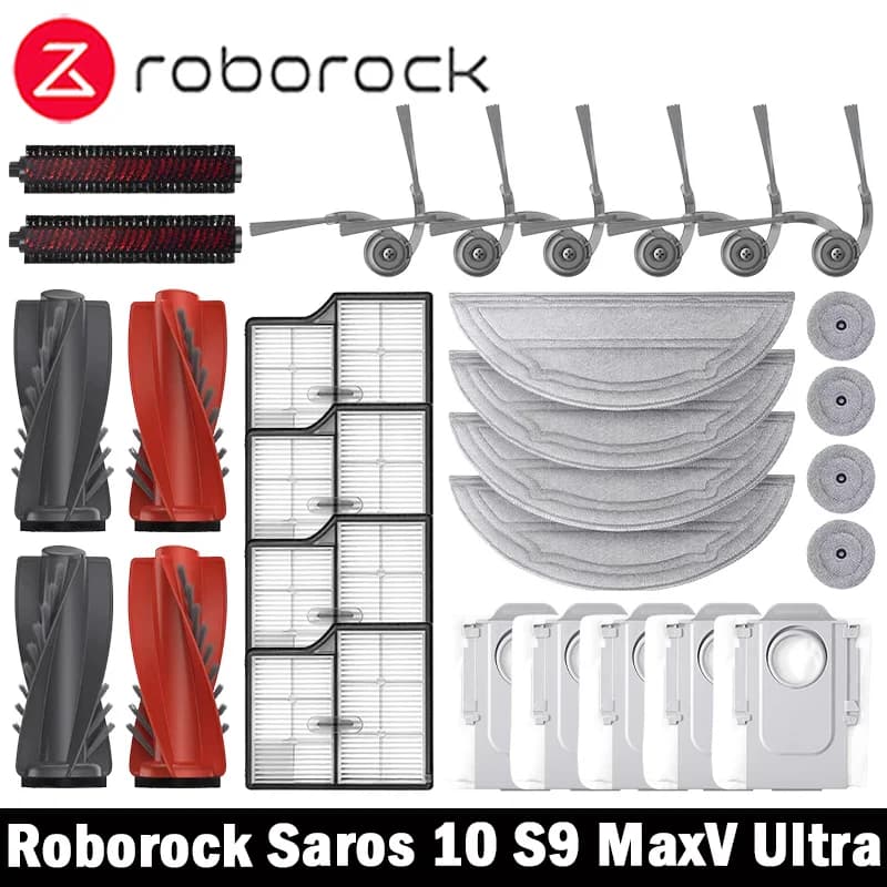 قطع غيار وإكسسوارات مكنسة روبوروك Saros 10 / S9 MaxV Ultra تشمل فرش جانبية رئيسية وقماش مسح وفلاتر هيبا وأكياس غبار