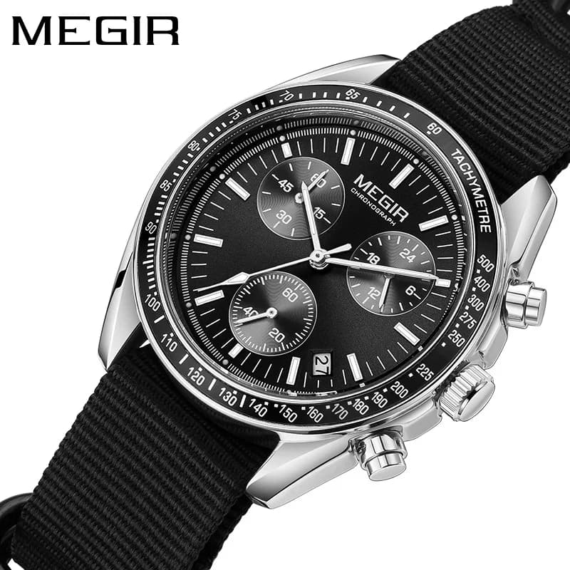 MEGIR 2247 ساعة رياضية سوداء جديدة كرونوغراف كاجوال بحزام من النسيج، كوارتز مقاوم للماء، ساعة يد للرجال