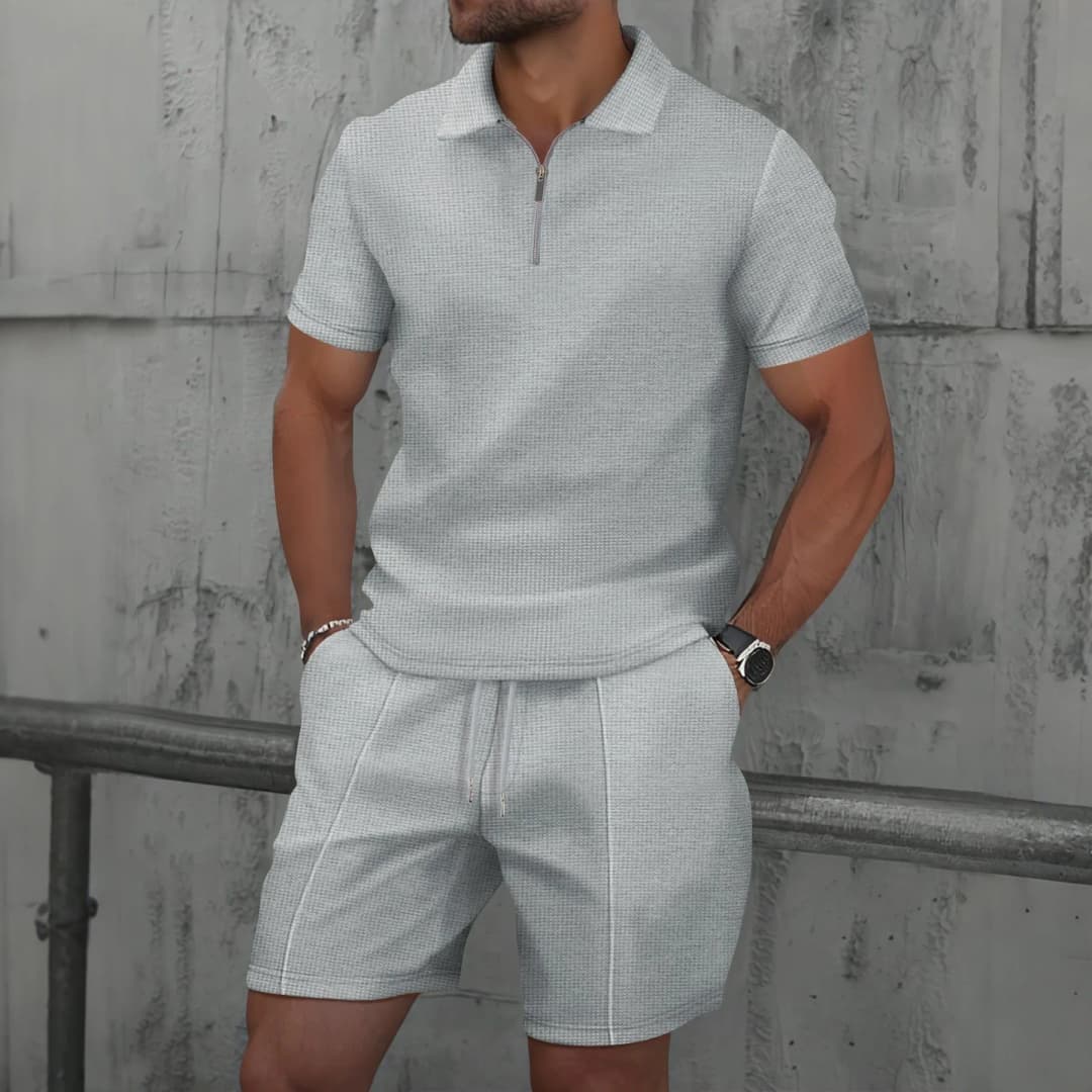 2026 Men Europe and the United States new summer Waffle solid color zip-up lapel short-sleeve suit shorts two sets - 6