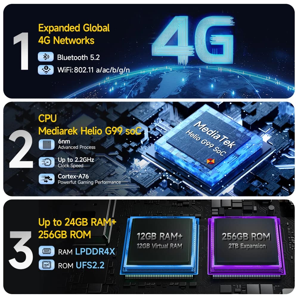 هاتف Ulefone Armor 27T 4G متين ببطارية 10600mAh بنظام أندرويد 14، ذاكرة 24 جيجابايت + 256 جيجابايت، شاشة 6.78 بوصة FHD+ بمعدل تحديث 120 هرتز، كاميرا 64 ميجابكسل برؤية ليلية وتقنية NFC - 4