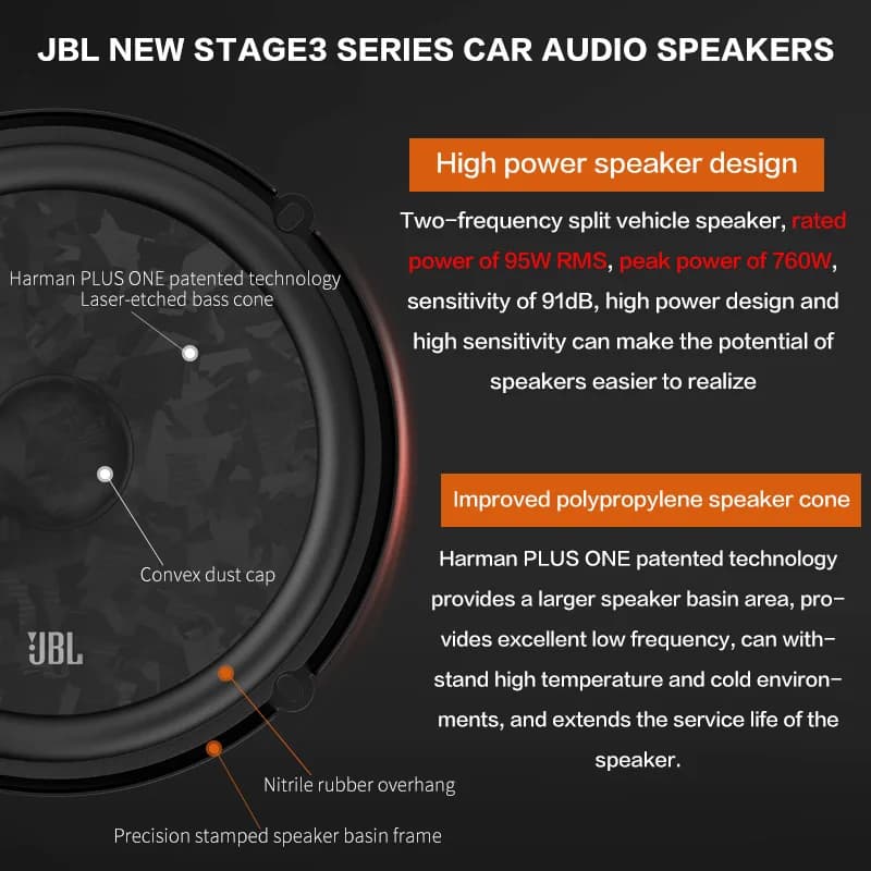 سماعة سيارة JBL مقاس 6.5 بوصة، سماعة مكونة، طاقة خرج 760 واط، سماعة باس للسيارة، تويتر، سماعة ستيريو منتصف المدى، سماعة سيارة - 2