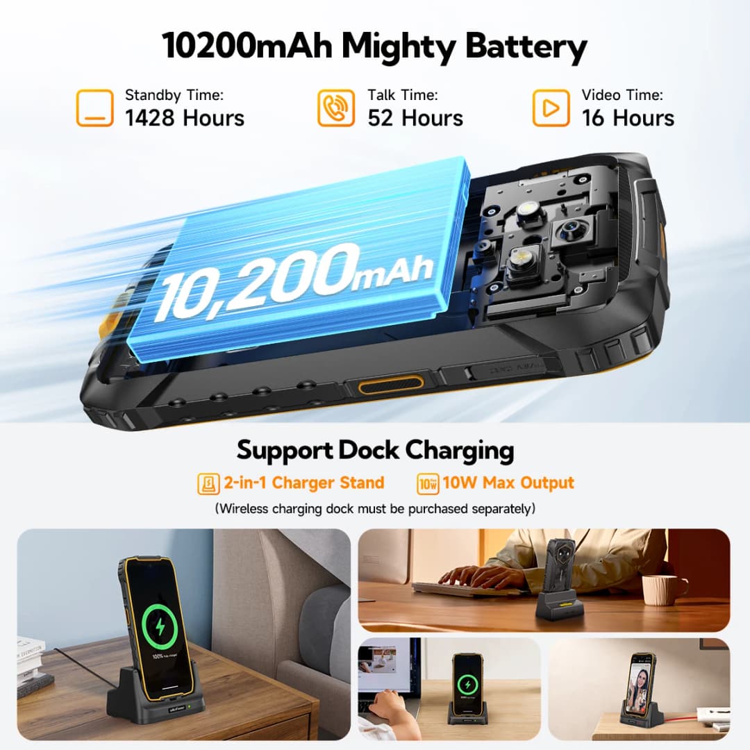 هاتف Ulefone RugKing 4 Pro متين بنظام Android 15 حتى 16 جيجابايت + 256 جيجابايت هاتف ذكي مقاوم للماء 10200 مللي أمبير في الساعة كاميرا 48 ميجابكسل NFC عالمي 6.56 بوصة 120 هرتز - 3