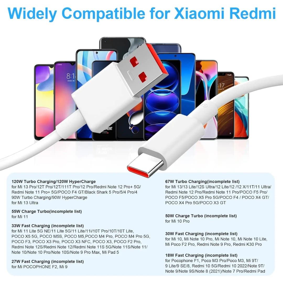 كابل شحن سريع توربو 120 واط 100 واط 90 واط 67 واط 6 أمبير نوع C USB لشركة شاومي 11 12 13 14 15 17 ريدمي نوت 11T 12 13 14 POCO X5 X6 X7 برو - 6