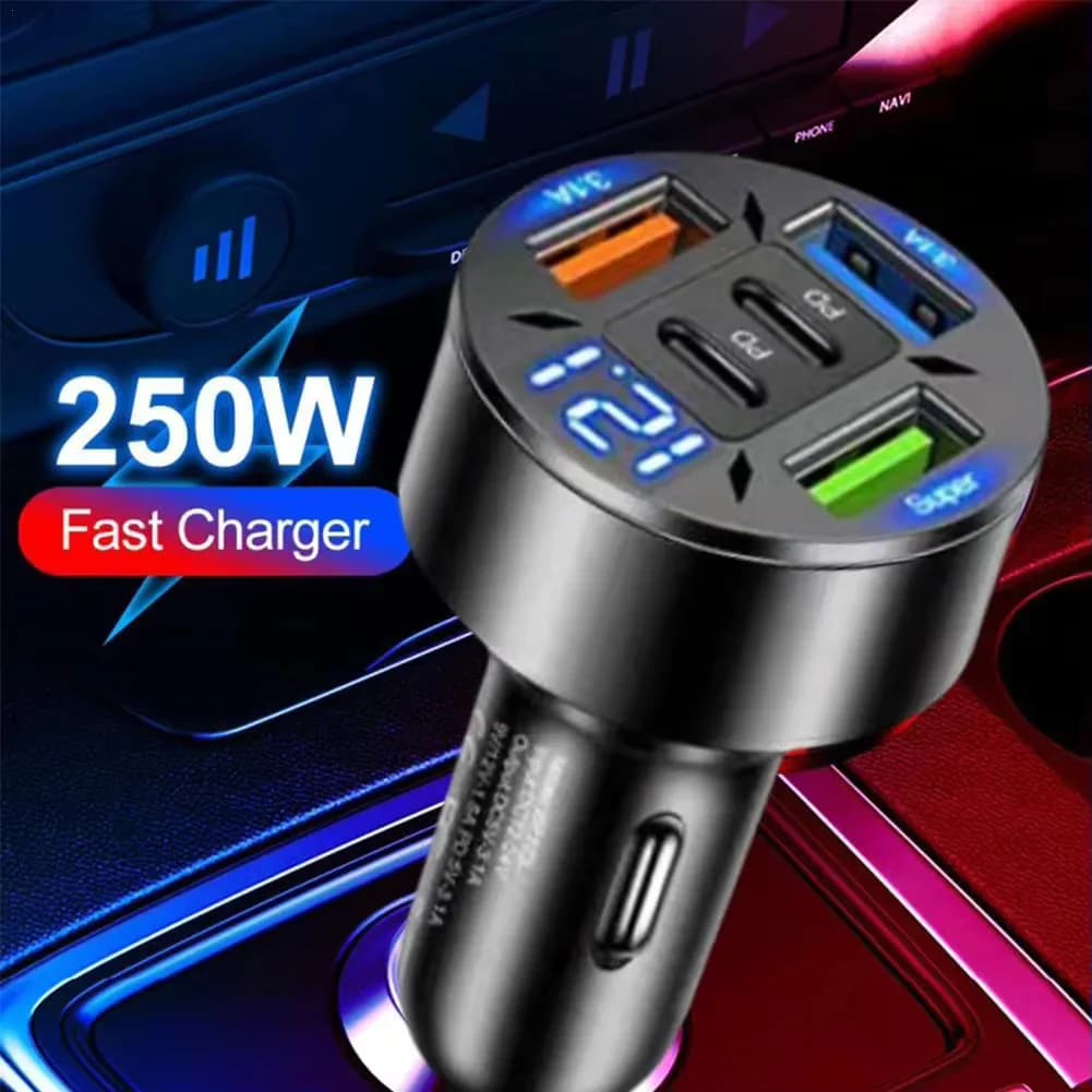 شاحن سيارة 250 واط - 5 منافذ - شحن سريع PD QC3.0 - منفذ Type-C - مناسب لـ iPhone