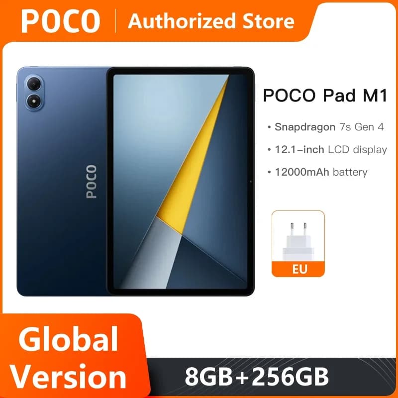 أجهزة لوحية POCO Pad M1 نسخة عالمية معالج Snapdragone 7s Gen 4 كاميرا 8MP شاشة 12.1 بوصة 120Hz 2.5k وضوح بلوري شحن سريع 33W