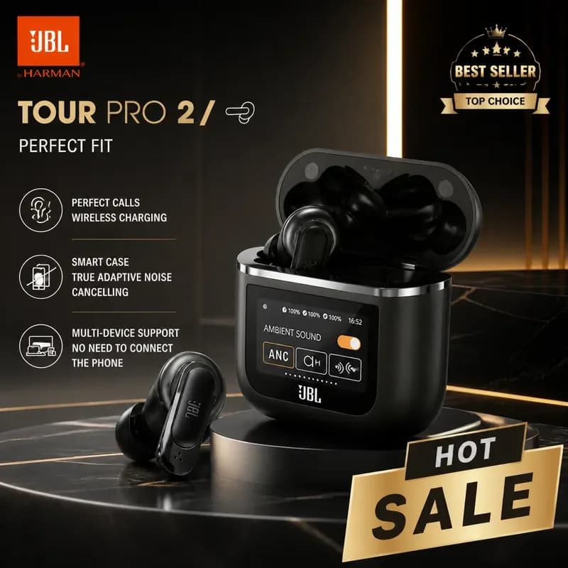 سماعات أذن لاسلكية JBL Tour Pro 2 مع علبة ذكية، بلوتوث، أسود، إصدار دولي HK
