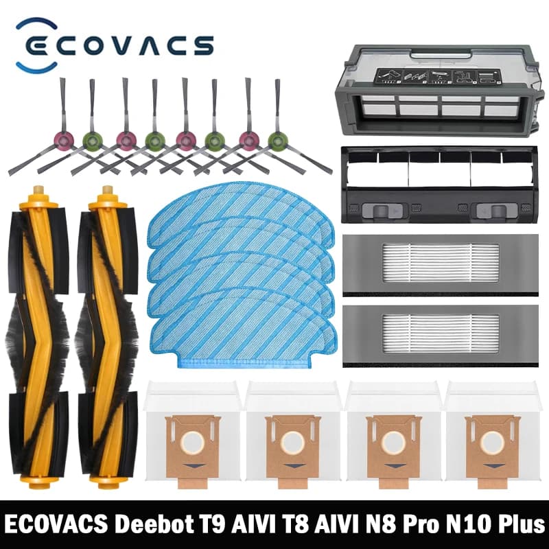 إكسسوارات مكنسة ECOVACS Deebot T8 AIVI T9 AIVI N8 Pro AIVI N9 N10 N10 بلس: فرشاة رئيسية، فرشاة جانبية، فلتر، كيس غبار، فلتر هيبا