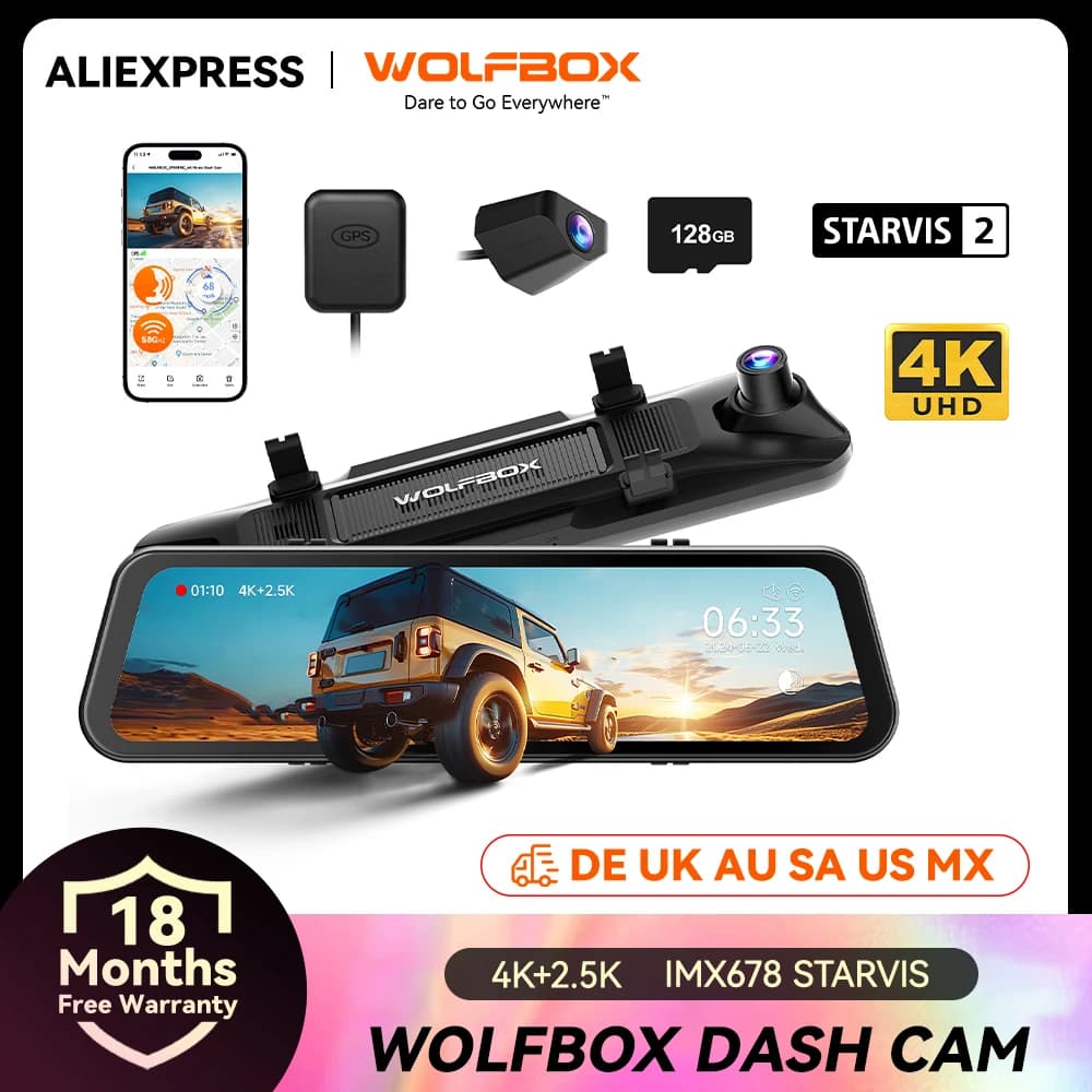 كاميرا سيارة وولف بوكس G900 برو بدقة 4K+2.5K - تحكم صوتي، واي فاي 5 جيجاهرتز، GPS، مسجل فيديو أمامي وخلفي