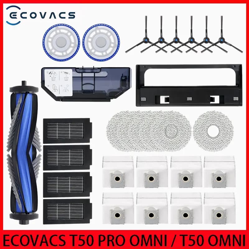 قطع غيار روبوت تنظيف ECOVACS T50 PRO OMNI/T50 PRO/T50 OMNI، فرشاة جانبية رئيسية، مناديل ممسحة، مرشحات HEPA، أكياس غبار، إكسسوارات
