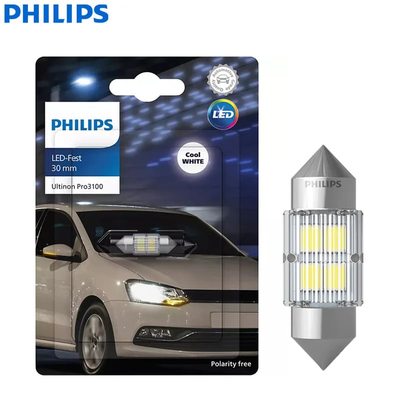 مصابيح إشارة لوحة القيادة الداخلية للسيارة من فيليبس Ultinon Pro3100 LED، C5W، 30mm، 38mm، 43mm، 6000K، أبيض بارد، طراز جديد، 1x - 3