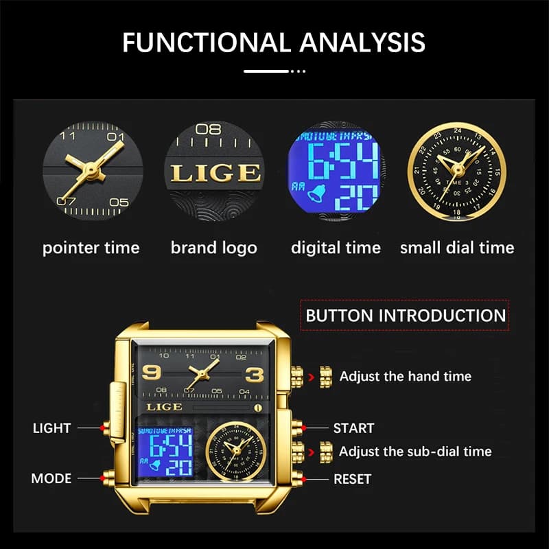 LIGE Top Brand Luxury Fashion Men Watches Gold Steel Sport Square Digital Analog Big Quartz Watch for Man Relogio Masculino+BOX - 3