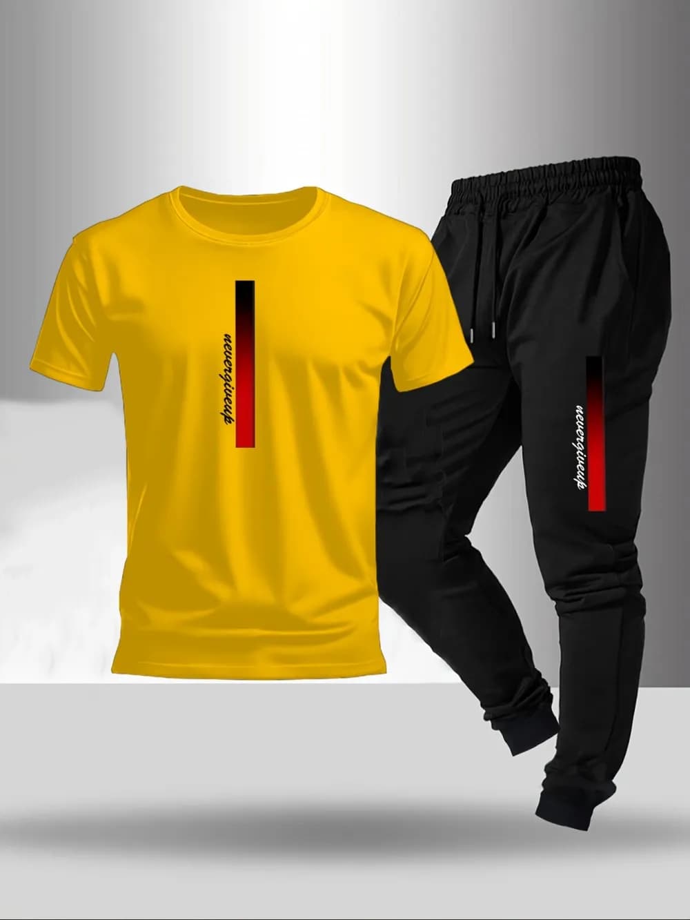 New men's fashionable letter gradient printed breathable T-shirt and drawstring pants set suitable for outdoor casual wear - 4