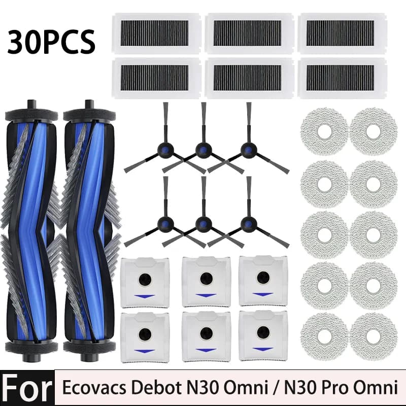 قطع غيار وإكسسوارات استبدال لمكنسة روبوتية Ecovacs Debot N30 Omni / N30 Pro Omni تشمل فرشاة جانبية رئيسية وفلتر Hepa وقماش مسح وكيس غبار
