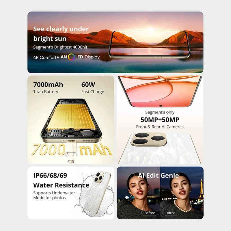 هاتف realme 15T 5G ذكي NFC معالج Dimensity 6400 Max كاميرتان 50MP AI شاشة 6.57 بوصة 120Hz AMOLED بطارية 7000mAh شحن 60W - 2