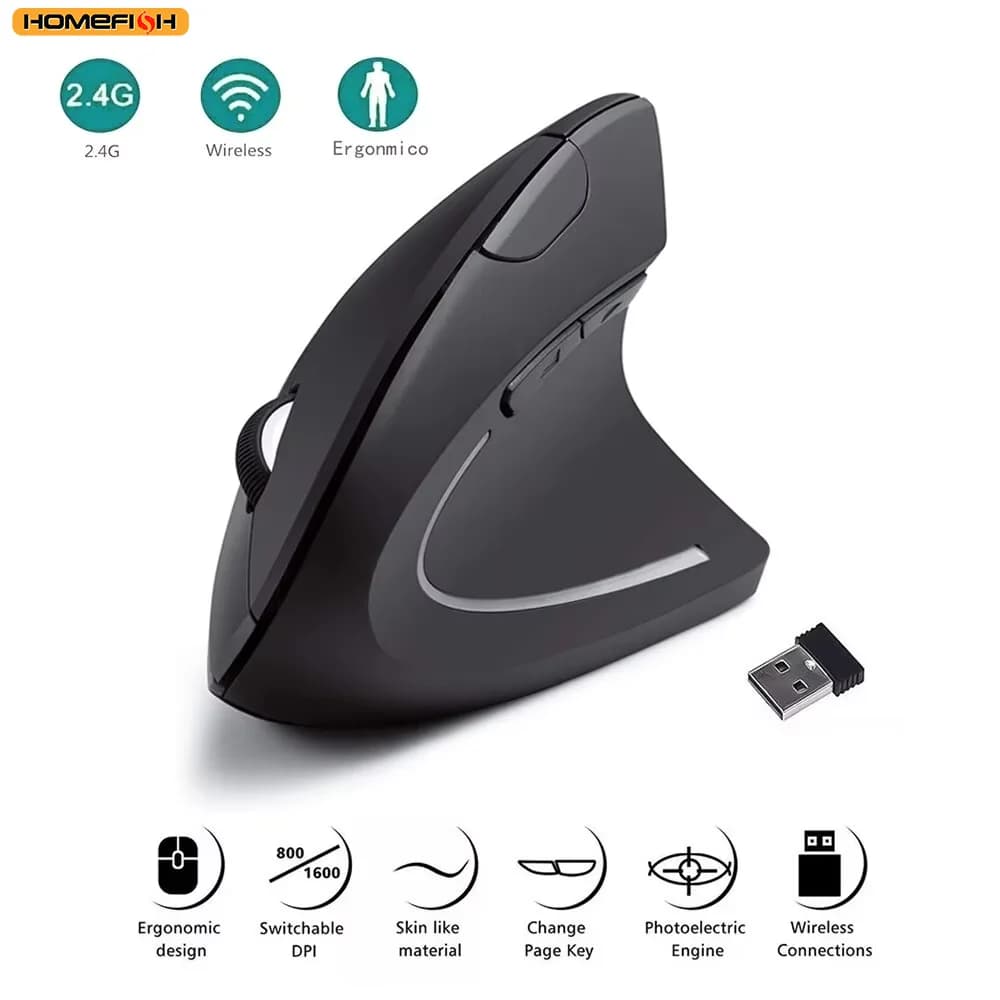 ماوس عمودي لاسلكي 2.4GHz، تصميم مريح، 3 مستويات DPI قابلة للتعديل (800/1200/1600)، 6 أزرار، متوافق مع أجهزة الكمبيوتر المحمول والكمبيوتر الشخصي من HOMEFISH