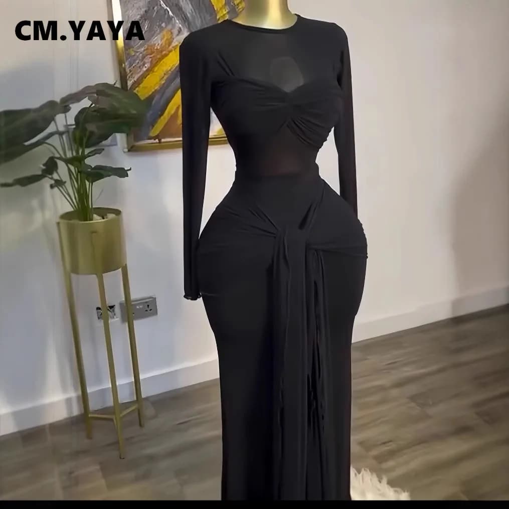 CM.YAYA Women Mesh See Though Long Sleeve Maxi Bowknot Long Dress 2025 Evening Sexy Club Party Evening High Street Dresses - 2