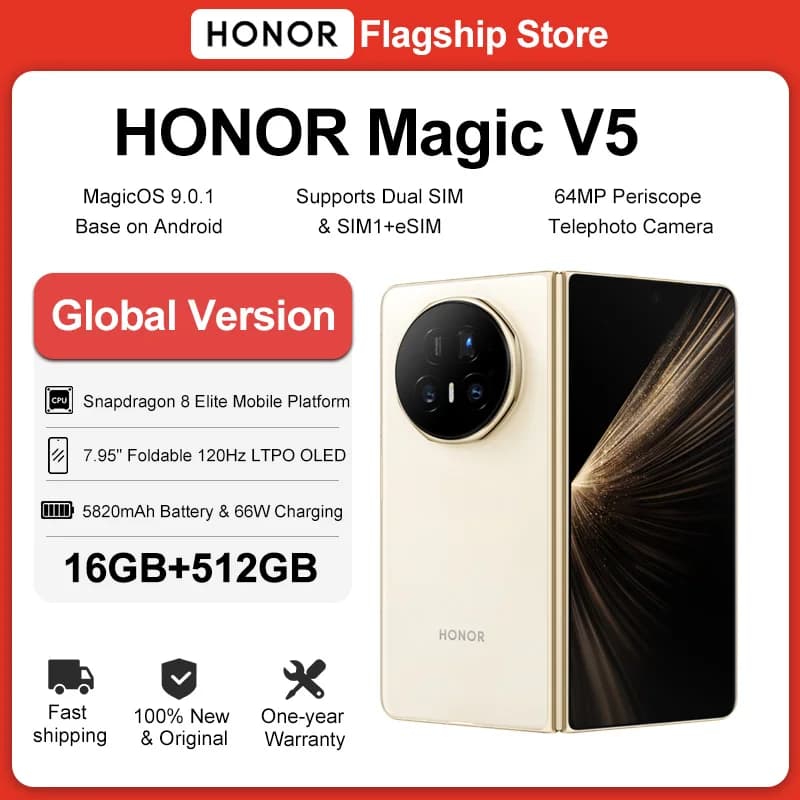 هونر ماجيك V5 16 جيجابايت+512 جيجابايت نسخة عالمية هاتف ذكي 5G بشاشة قابلة للطي OLED بمعدل تحديث 120 هرتز ومعالج سنابدراجون 8 إيليت وبطارية 5820 مللي أمبير وشحن فائق السرعة 66 واط وNFC