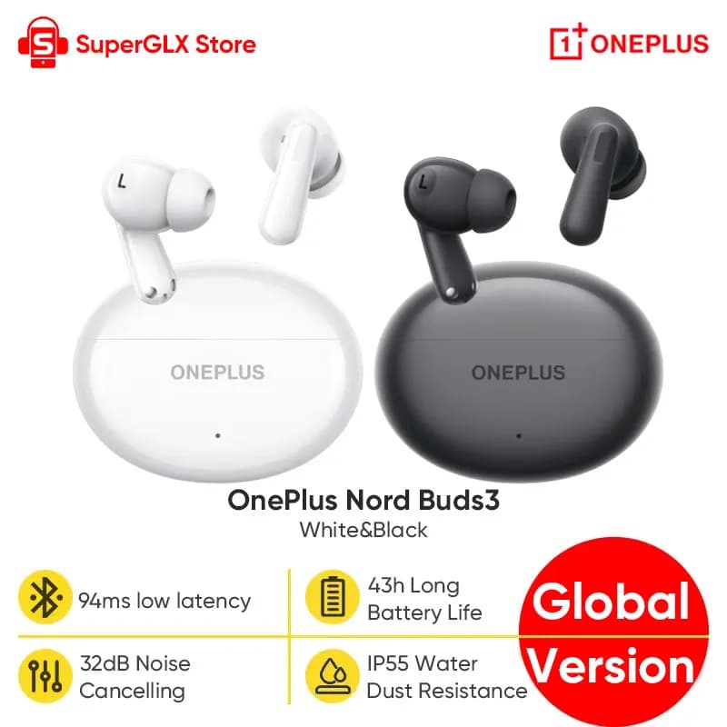 سماعة بلوتوث أصلية OnePlus Nord Buds 3 مع إلغاء الضوضاء النشط 32dB وعمر بطارية 43 ساعة وتقنية BassWave 2.0 واقتران سريع من Google